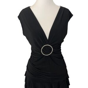 Stunning Black Ruched V Neck‎ Rhinestone Ring Embellished Cocktail Top Size S